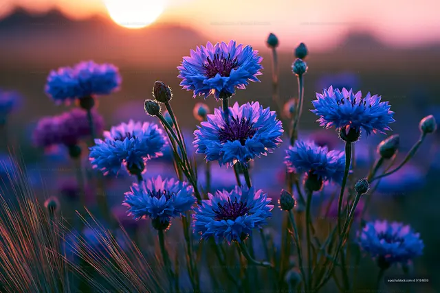 Blue wildflowers blooming at sunset in a field