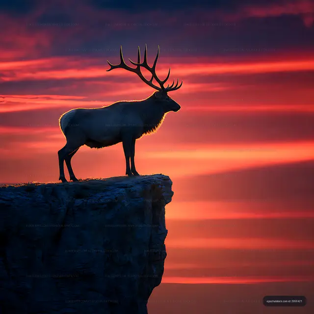 Silhouette of a deer standing on a cliff at sunset