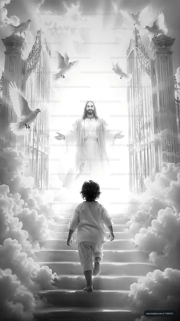 Child walking towards a figure at open gates in a bright scene
