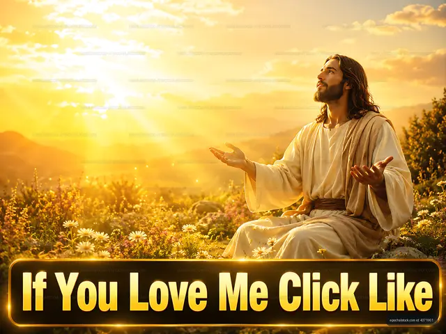 Sunset scene with a man in white robes raising hands outdoors