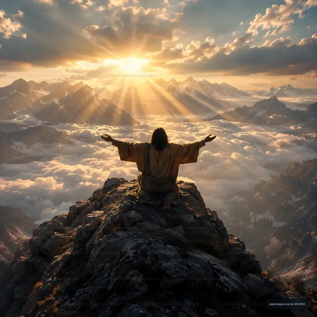 Figure on mountain peak with arms extended at sunrise over clouds