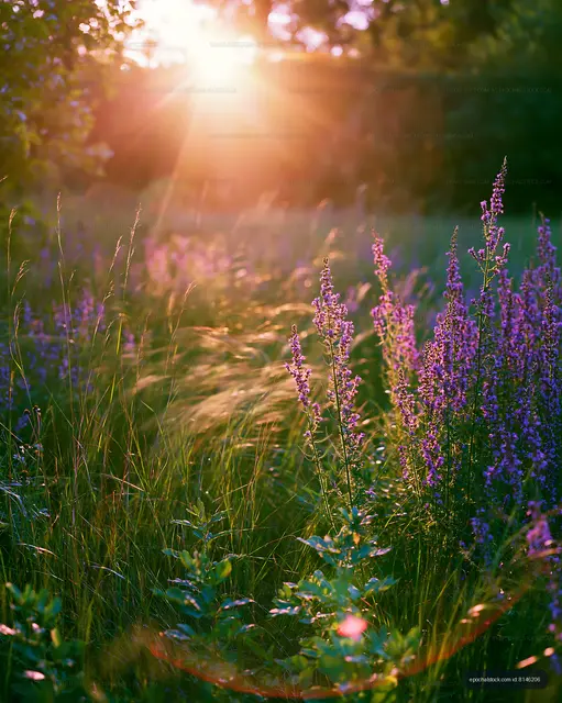 Sunlight streaming over a field of wildflowers in the evening