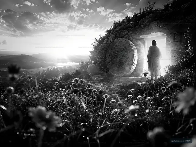 Person standing at an open stone entrance with flowers in foreground