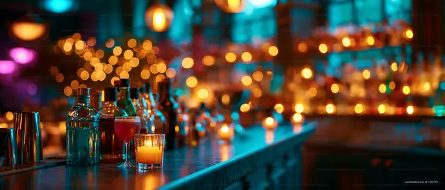 Bar setting with colorful lights and drinks on the counter