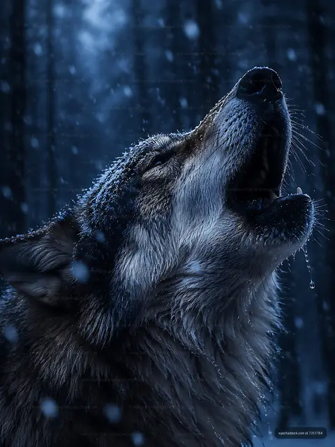 Wolf howling in a snowy forest at night
