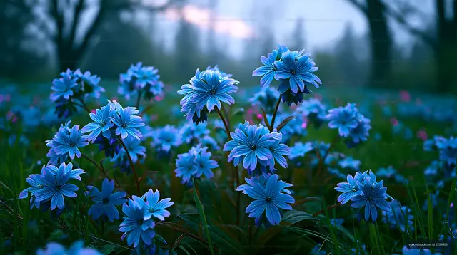 Blue flowers blooming in a green field during early evening light