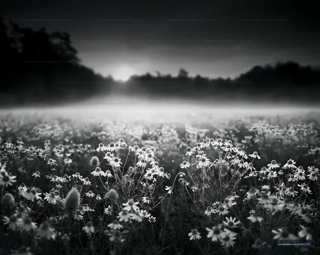 Flowers in a field at sunset with fog in the background