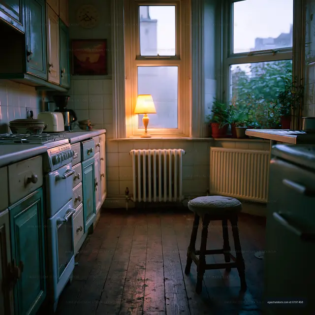 Cozy kitchen with natural light and a warm glow from a lamp