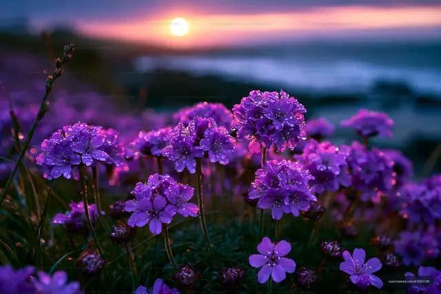 Sunset over purple flowers by the coast
