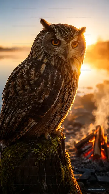 Owl perched near a campfire at sunset