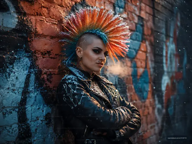 Punk style person with colorful mohawk hairstyle in urban setting