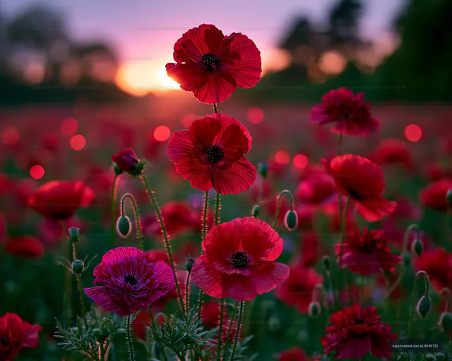 Red flowers bloom in a field at sunset