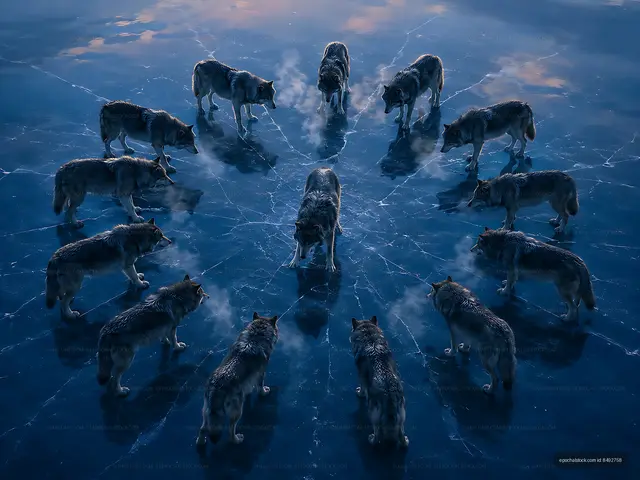 Wolves gathering on icy surface at twilight