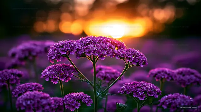 Purple flowers with sunset in the background