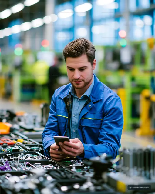 Man using smartphone in industrial workshop setting