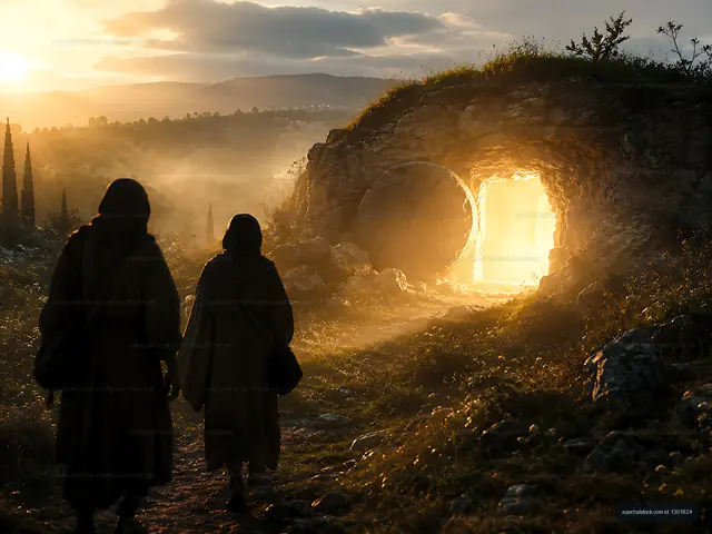 Two figures walk towards an illuminated cave entrance at sunset
