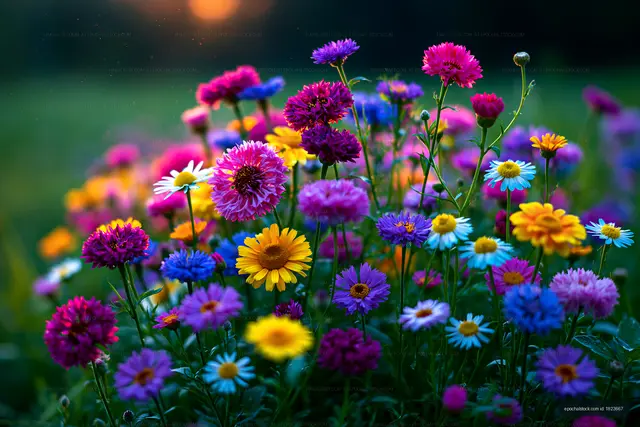 Colorful flowers blooming in a garden at sunset