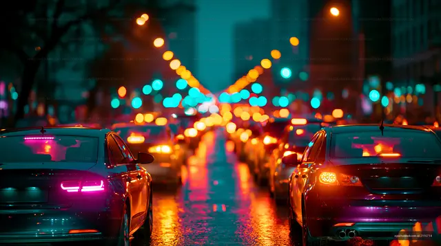 City street with colorful car lights at night