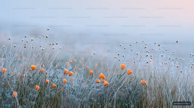 Frost-covered flowers in a misty field at sunrise