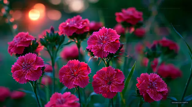 Vibrant pink flowers blooming at sunset in a garden