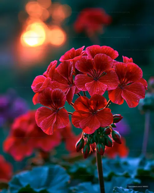Red flowers with sun setting in the background