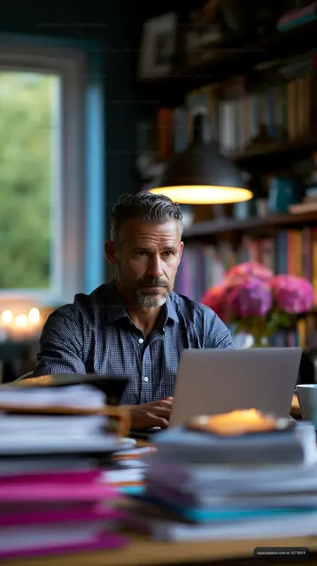 Man working on a laptop in a home office with books and flowers