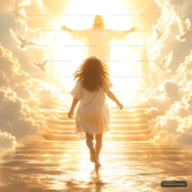 Child approaches figure surrounded by light and clouds
