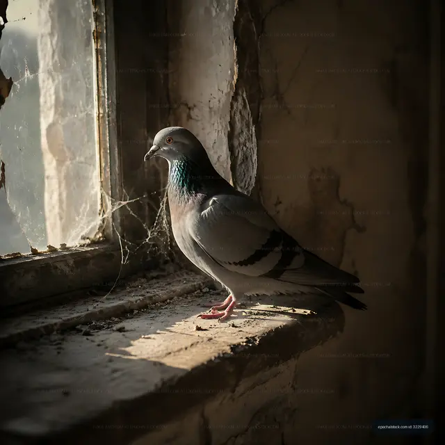 Pigeon resting on a windowsill in an abandoned building