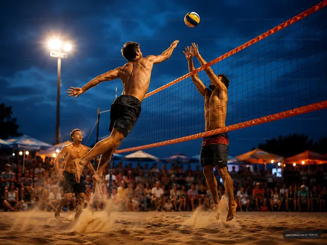 Beach volleyball match at dusk with players jumping to hit ball