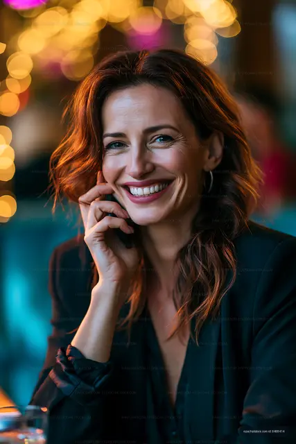 Woman smiling and talking on phone in a cafe with lights