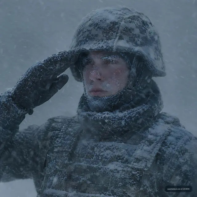 Soldier saluting in snowy weather during winter training