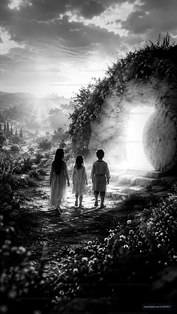 Children walking towards a stone arch in a scenic landscape