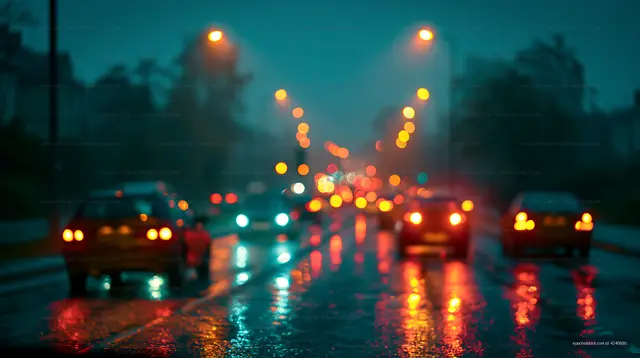 Cars driving on a rainy street with blurred lights at night