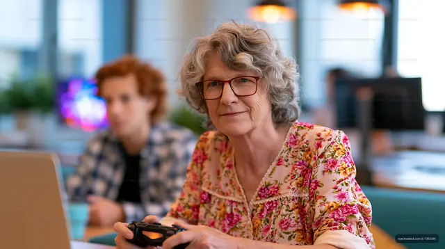 Senior woman playing video games in a modern cafe