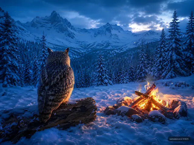 Owl watching snowy mountains and campfire at dusk