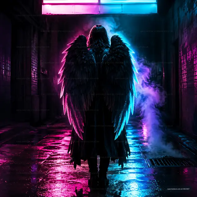 Person with large wings stands in a colorful alleyway