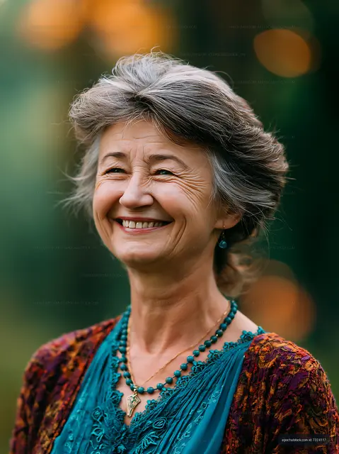 Smiling woman wearing blue top in nature setting