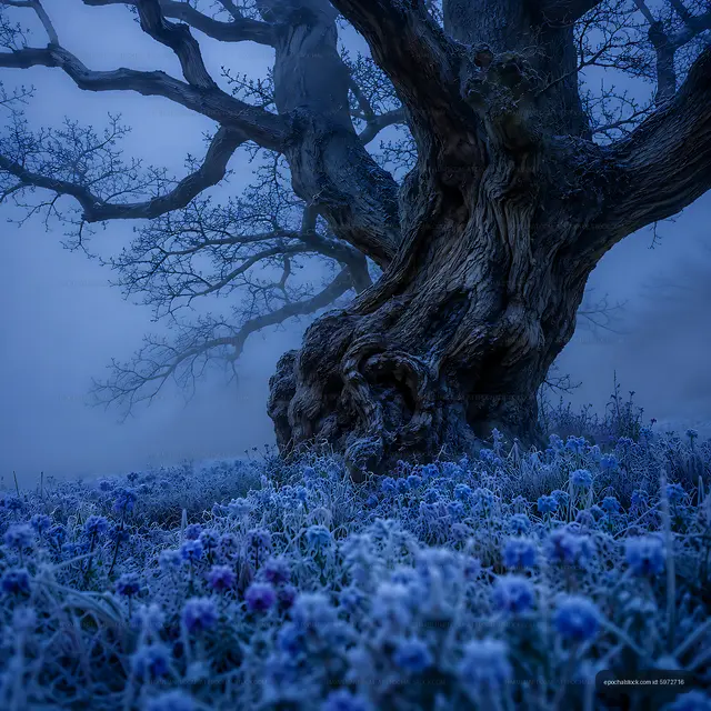Old tree in a misty winter landscape with frost and flowers