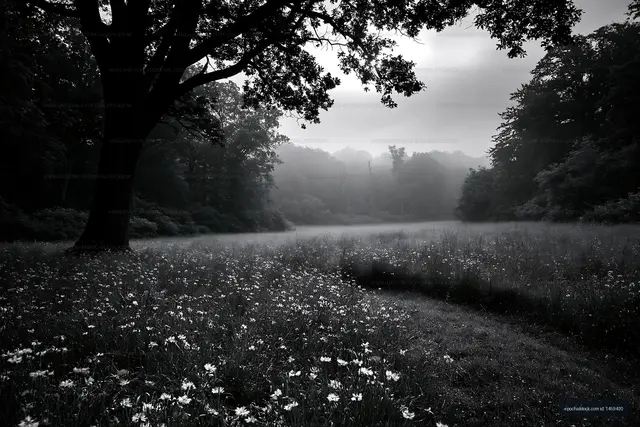 Morning fog envelops a meadow with trees in the background