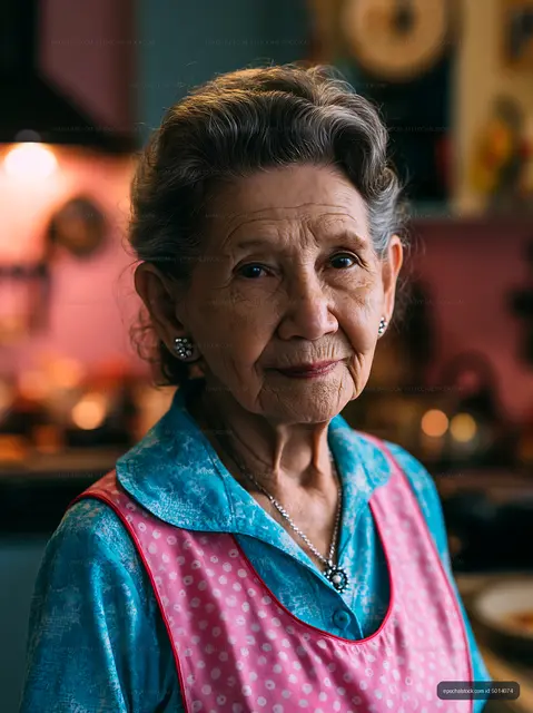 Elderly woman in kitchen wearing an apron