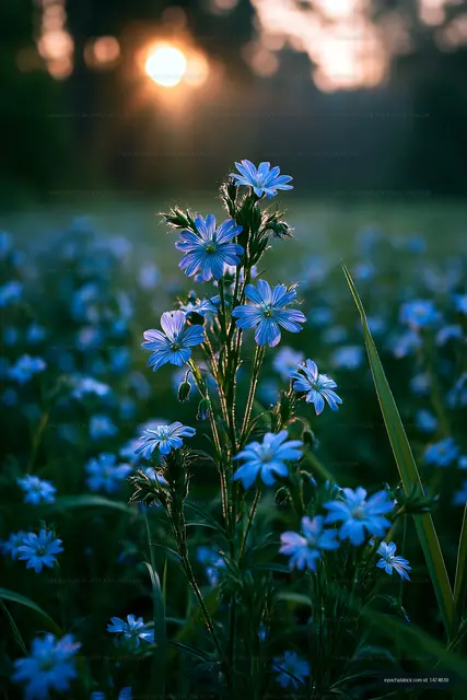 Blue flowers blooming in a field during sunset hours