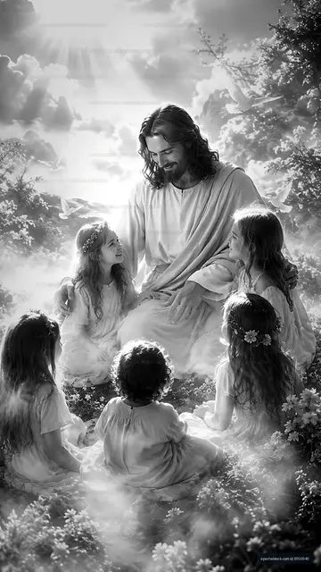 Children gathering around a figure in a serene outdoor setting