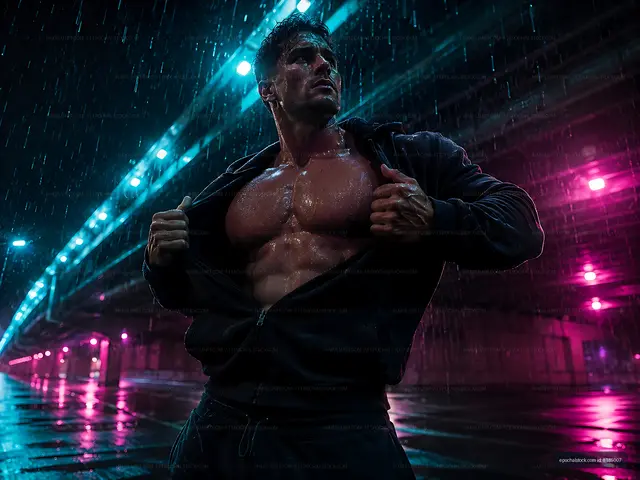 Model posing under rain in urban area at night