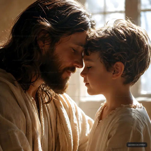 Father and son share a moment in soft light indoors