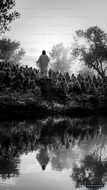 Crowd listening to a figure speaking by the water