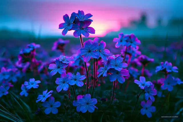Vibrant blue flowers under a colorful sunset sky