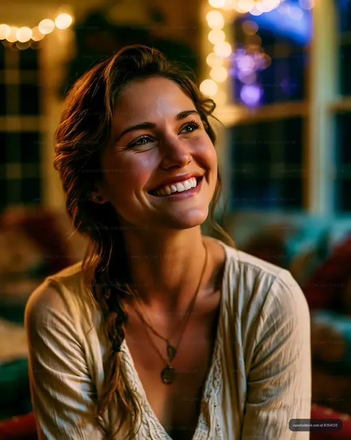 Woman smiling in a cozy indoor setting with warm lights