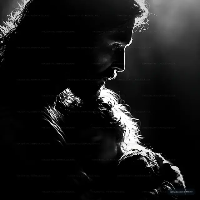 Silhouette of a man holding a child in low light