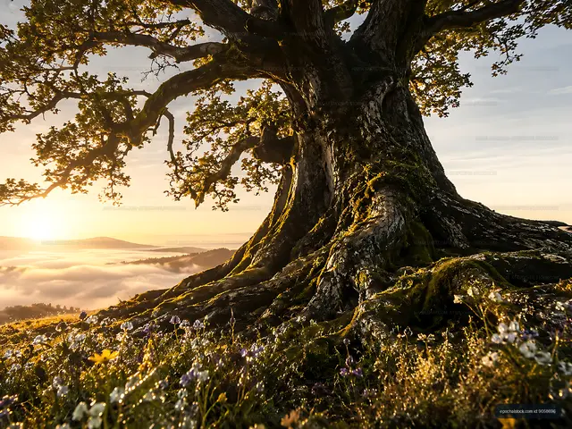 Sunrise behind a large tree with flowers in the foreground