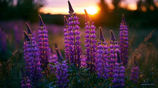 Purple flowers bloom during sunset in a meadow